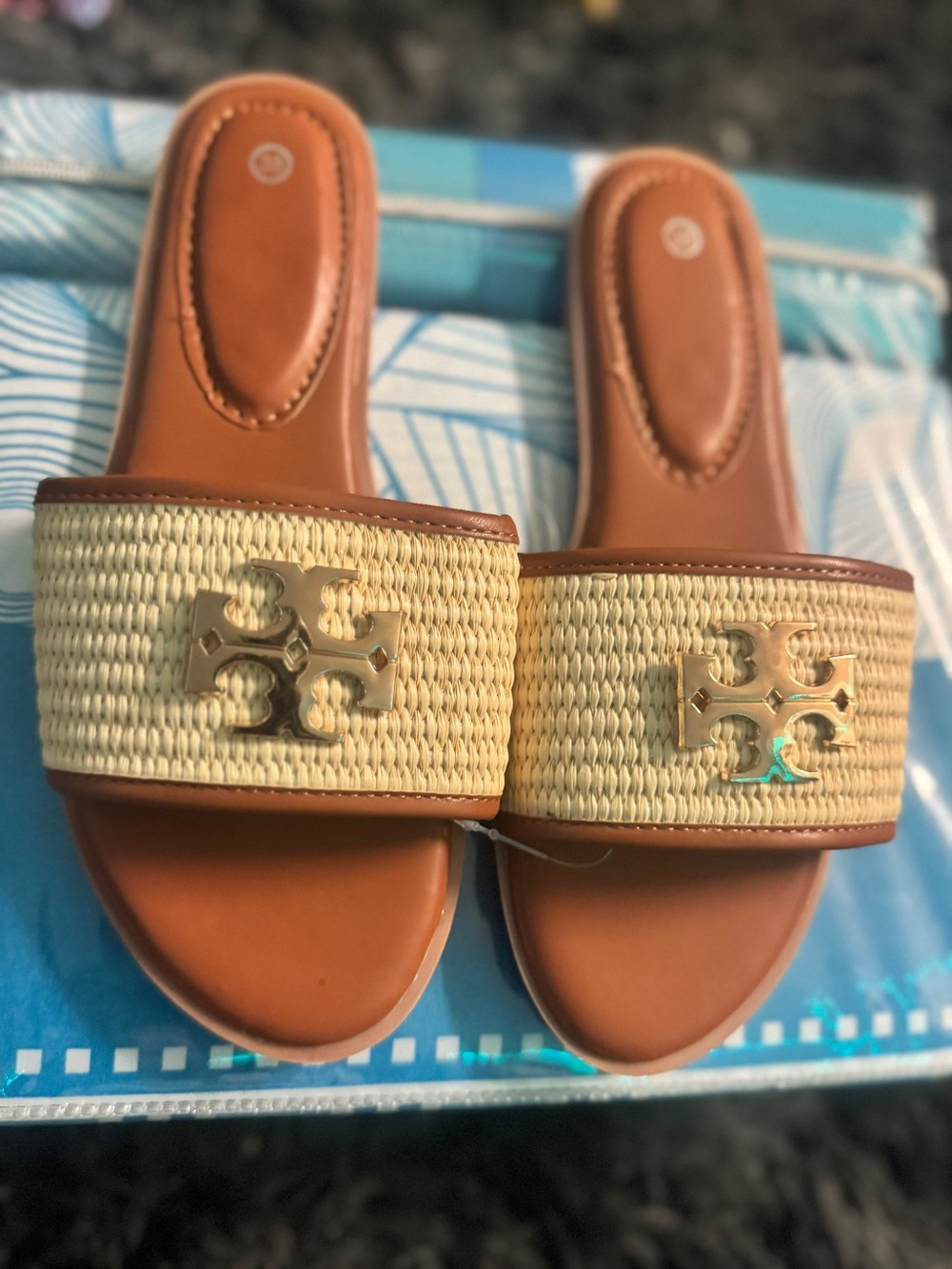 Woven Straw Slide Sandals with Gold Logo Accent - Tan